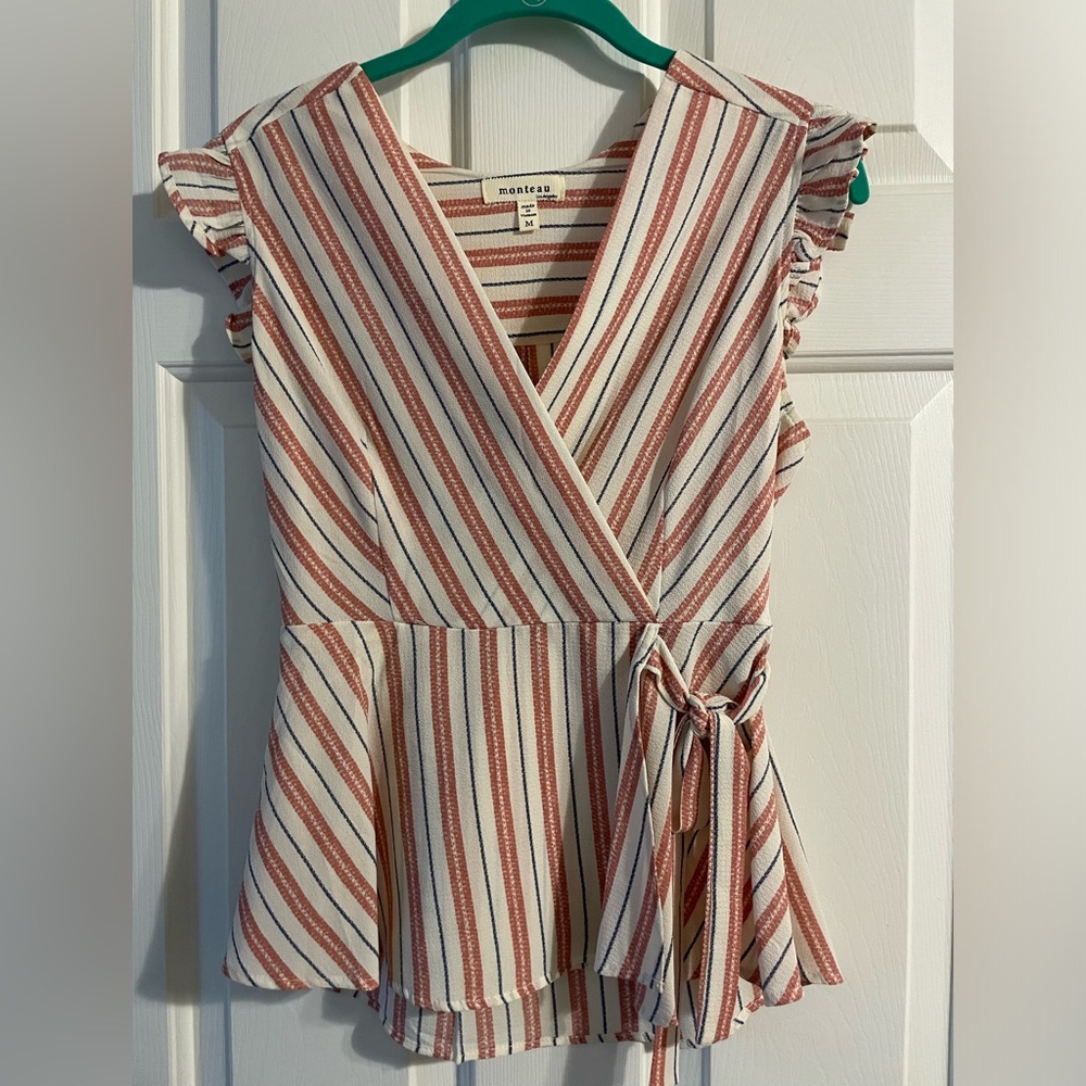 Medium weight snug fit blouse. I’m a size 6 and 5’4”.